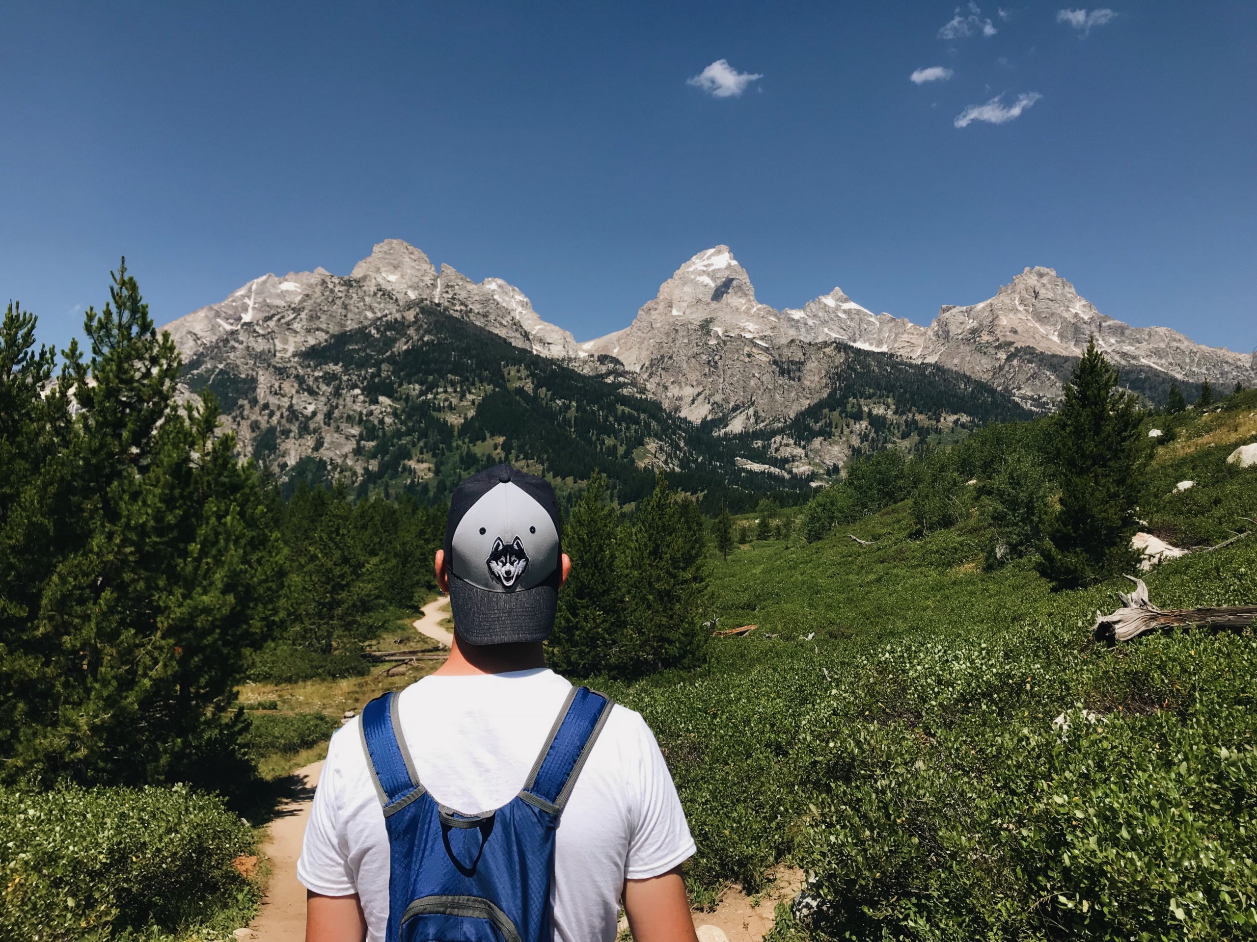 Man with backpack looking at three mountain peaks with green landscape in front