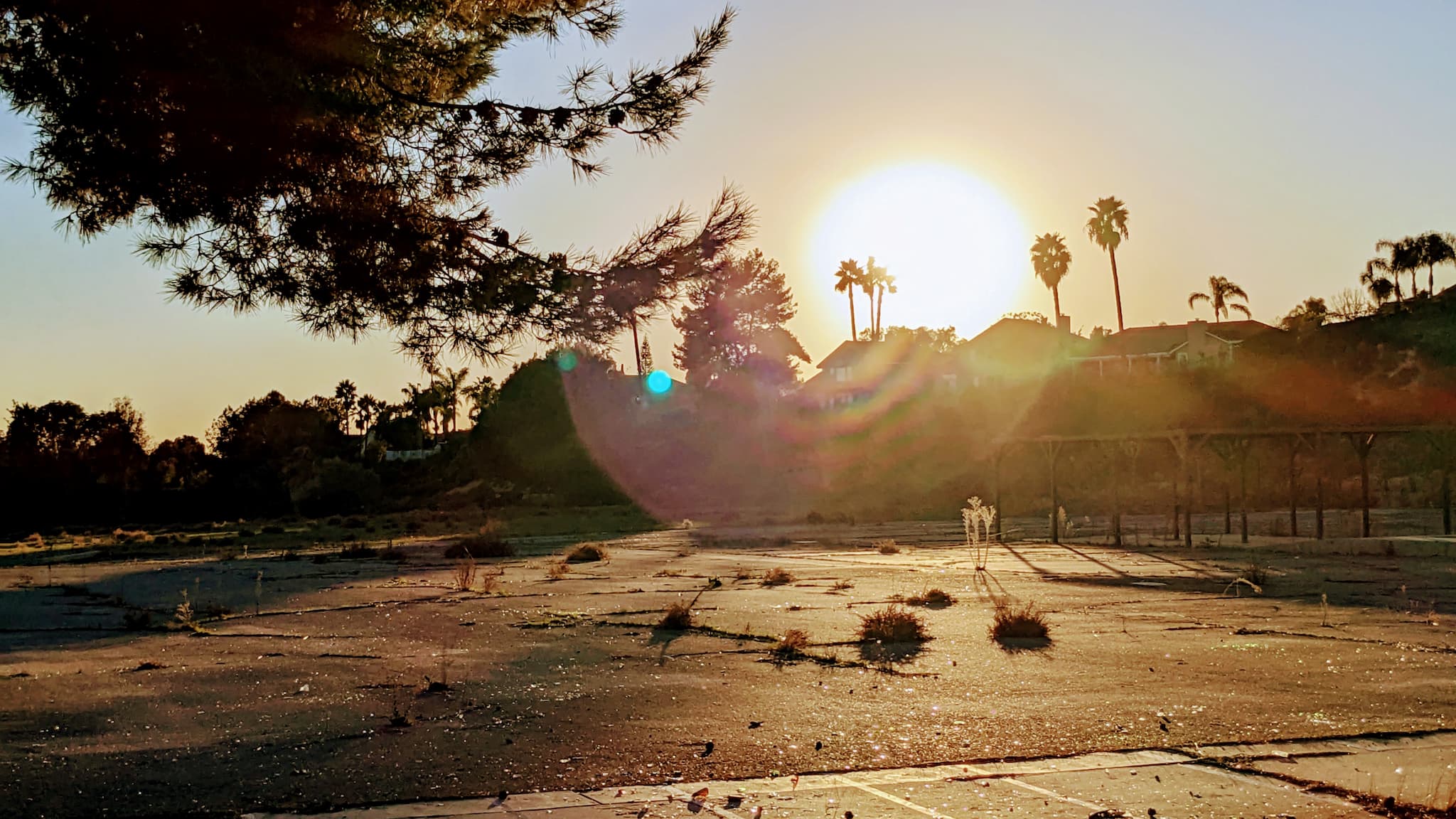 Sunset over an empty concrete lot surrounded by homes.