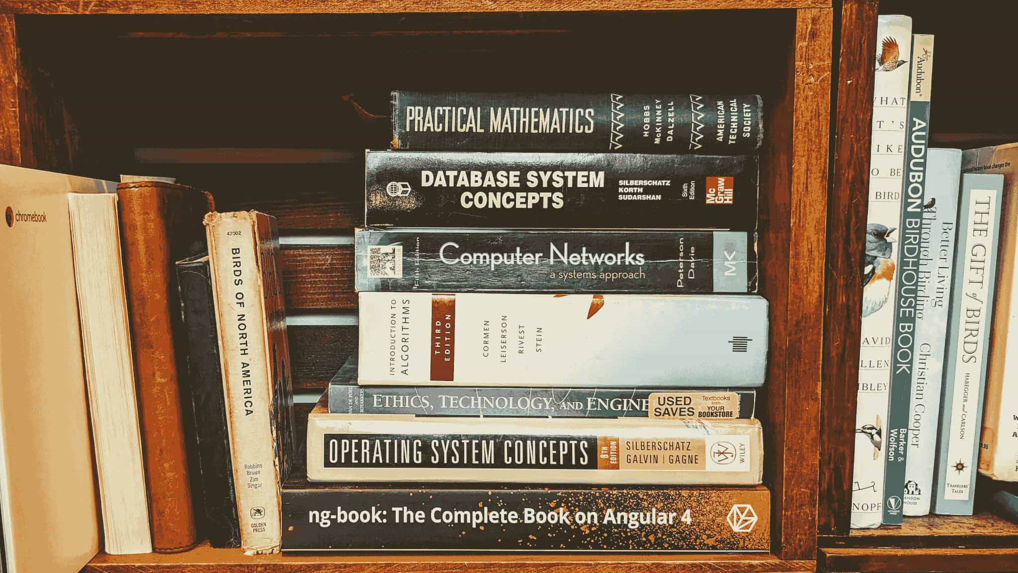 Stacks of technology books representing building on top of other people's work.