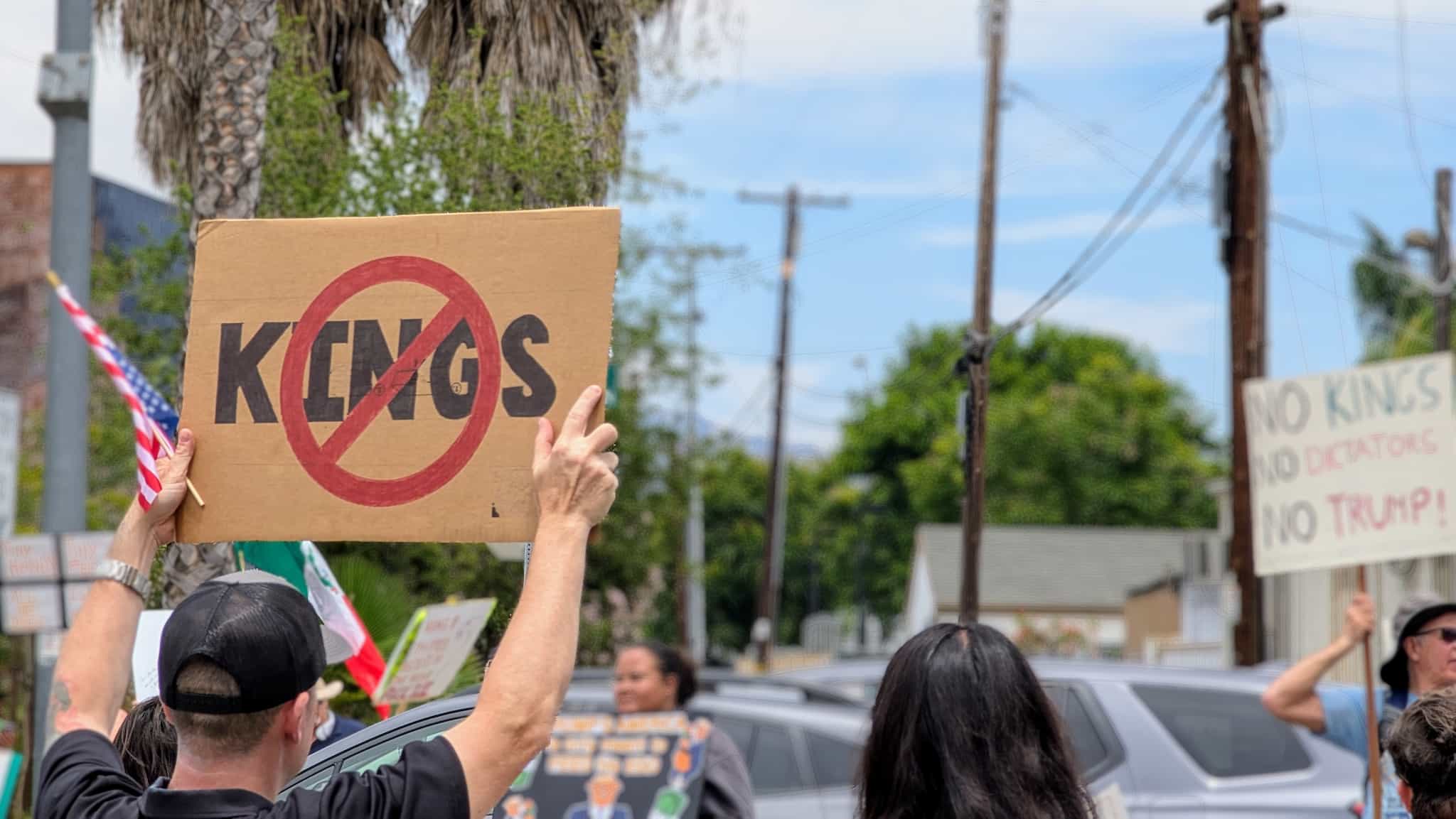 A man holds a sign that reads 'no kings' among other protesters.
