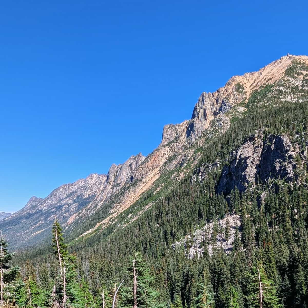 A long, curved mountainside covered in trees and topped with a ridge of rocks that continues forming a long wall of a ridgeline.