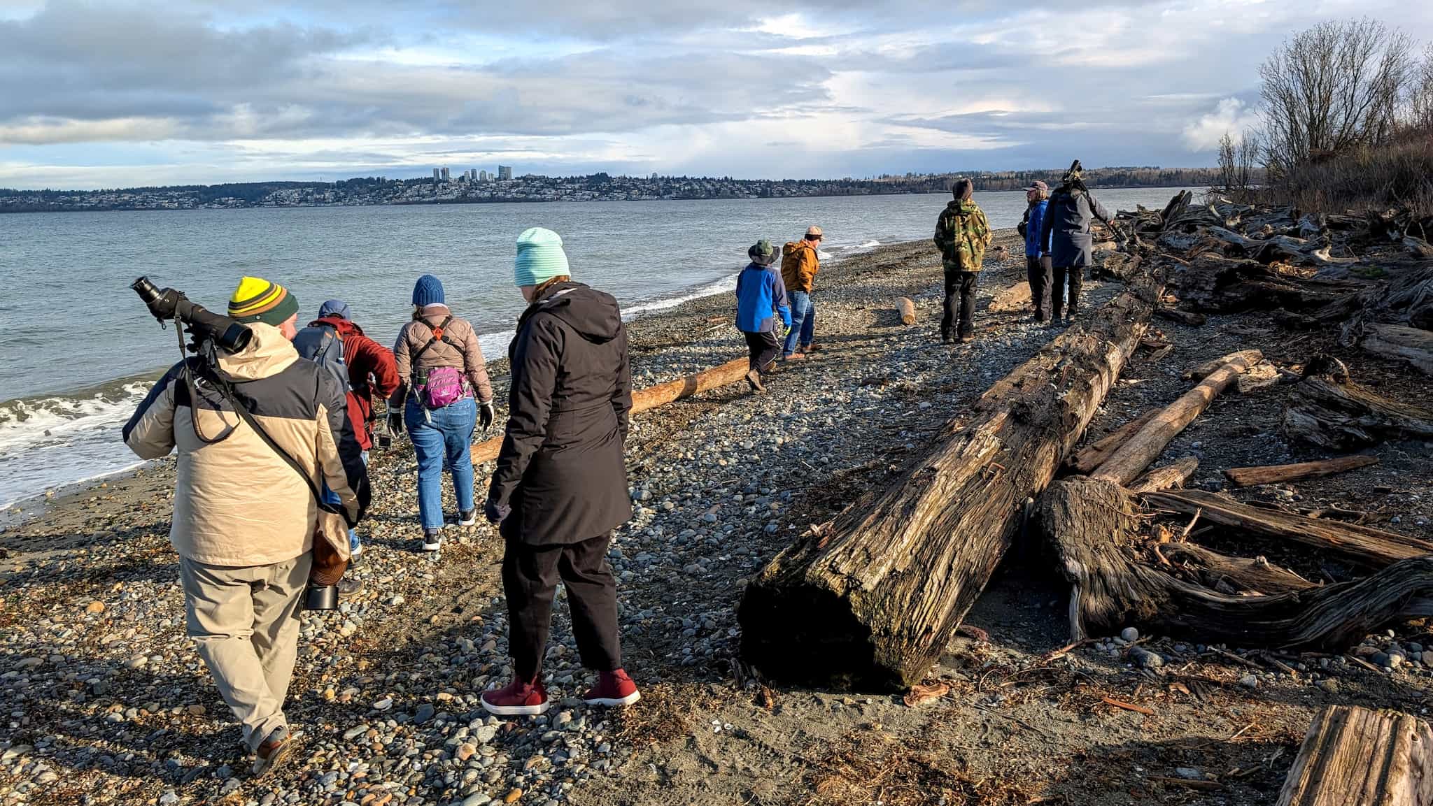 A group of people walking on a cold, rocky beach with binoculars and scopes.