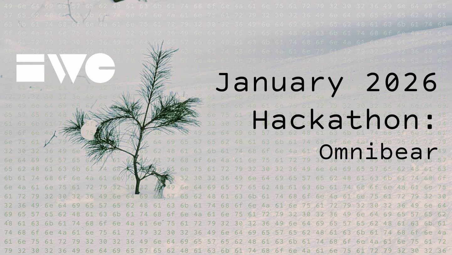 A sapling evergreen covered in snow with an overlay of hex code text and the title IWC January 2026 Hackathon: Omnibear