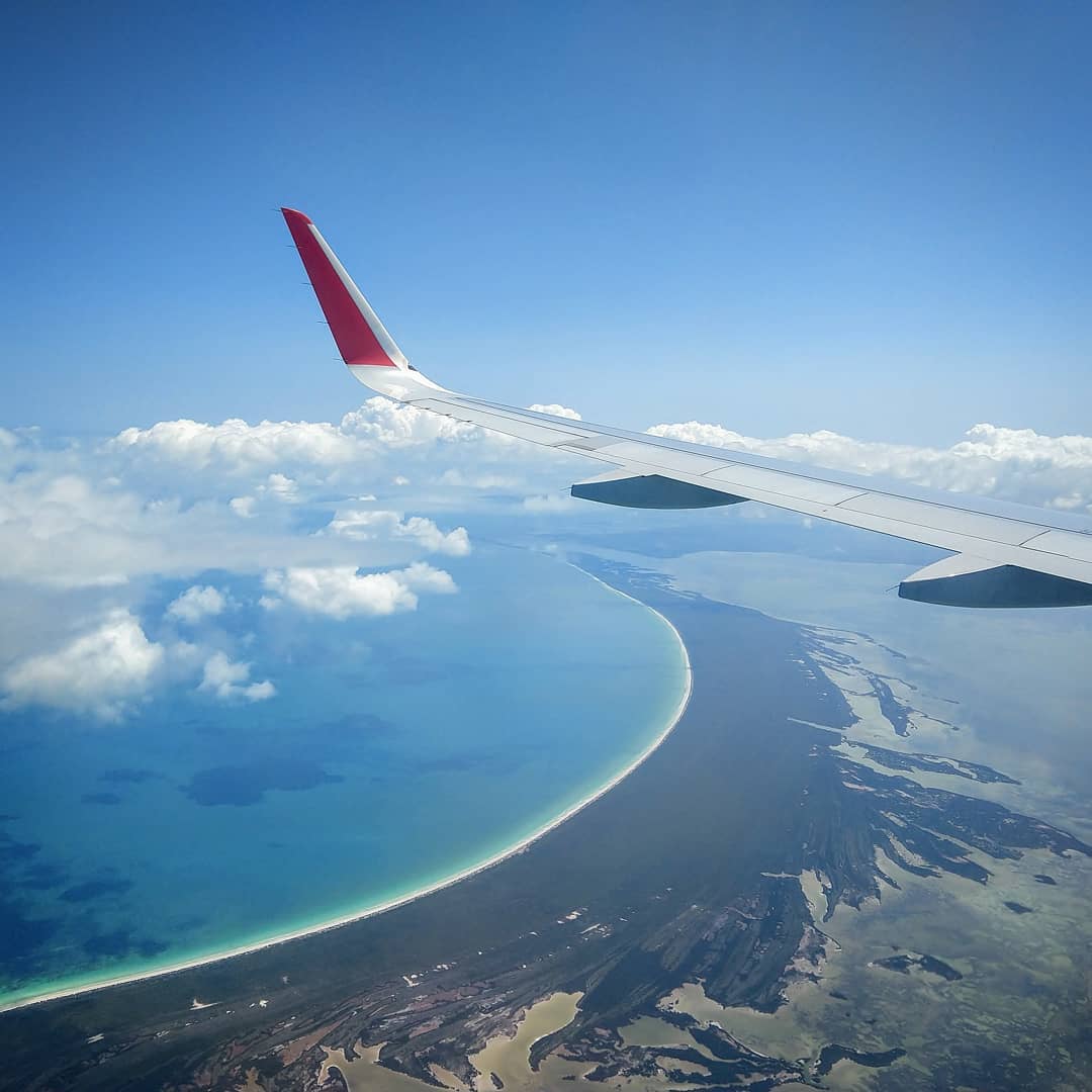 Coastline view from a plane window.