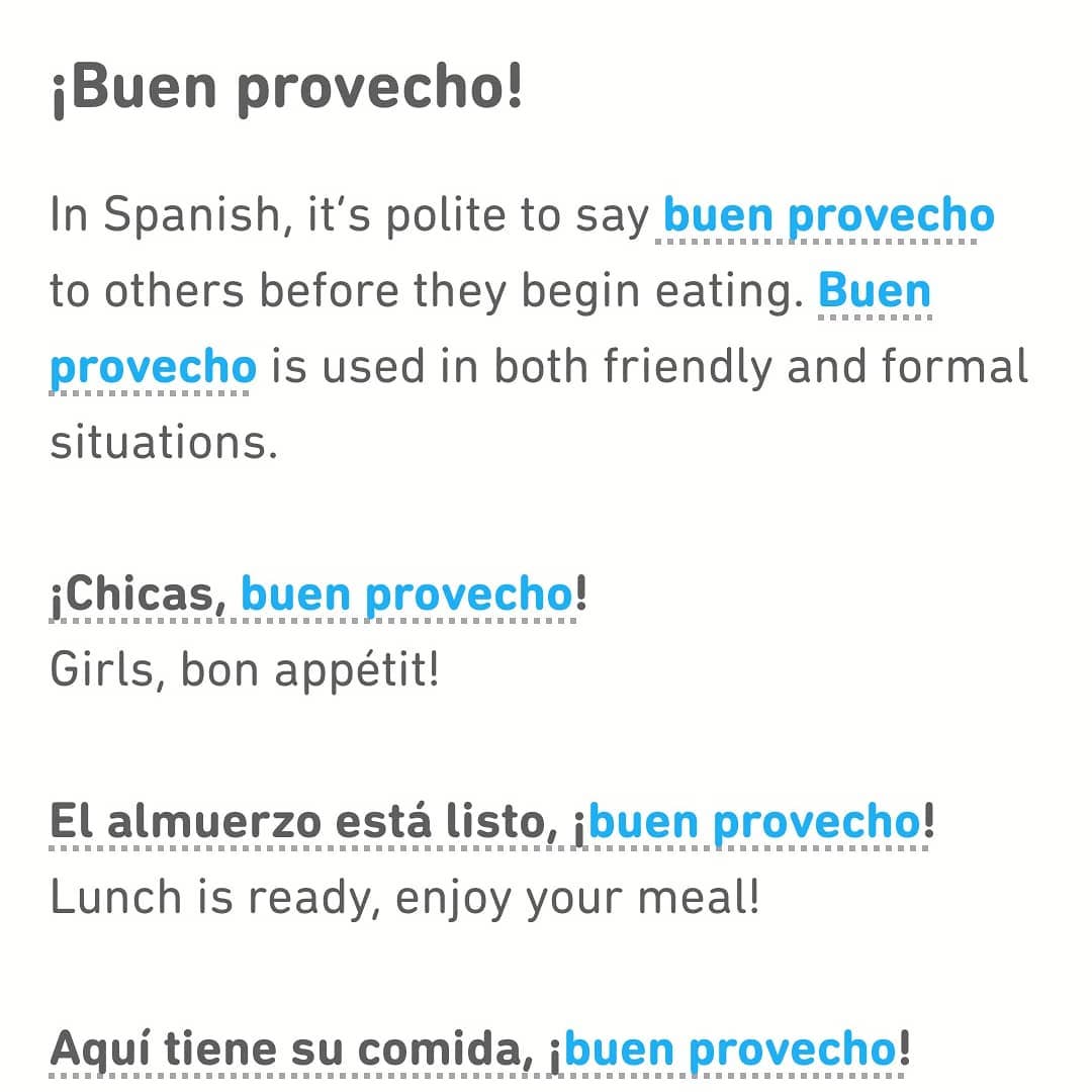 Screenshot of text describing how the phrase 'buen provecho' can be used as a greeting at meals similar to 'bon appétit'.