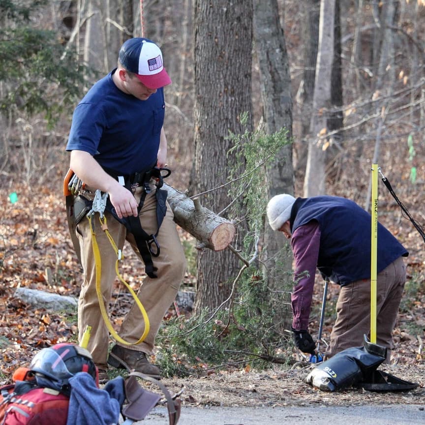 Young man with climbing gear carries a log. Another man cuts up branches.