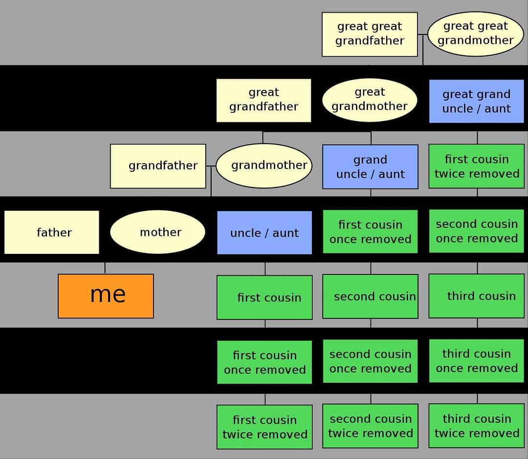 Family tree-type diagram. Cousins, second-cousins, and third cousins are all the same generation as 'me' but share a grandmother, great-grandmother, and great-great-grandmother respectively. The generations above and below those people add the suffix 'once removed'. A further generation removed is 'twice removed' etc.