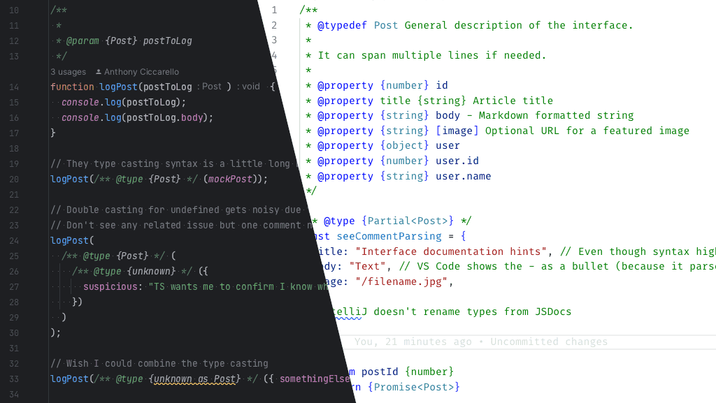 Two overlaid screenshots of JavaScript code mostly showing code comments with types.