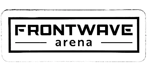 Rectangular, black and white logo of frontwave arena