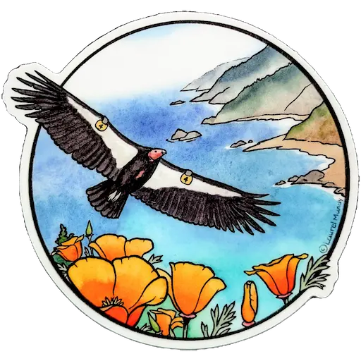 Circular sticker of a California condor flying over a rugged ocean coastline with California poppies on the border