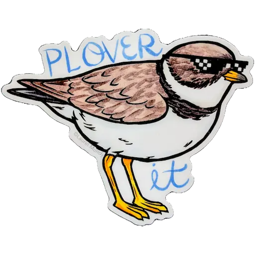 Sticker of a plover wearing the digital 'Deal with it' style glasses and with the text 'Plover it'