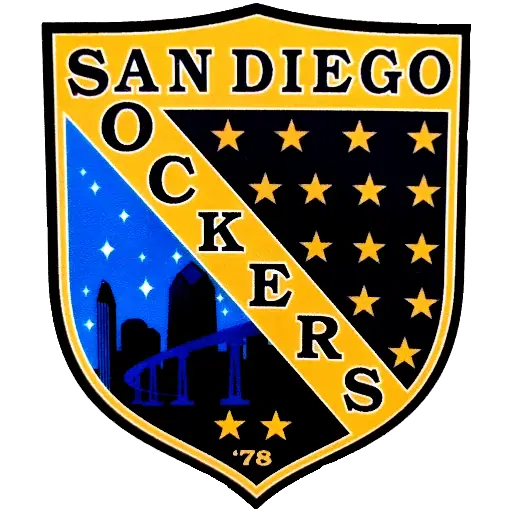 Badge logo of the San Diego Sockers soccer team with stars and a city skyline at night